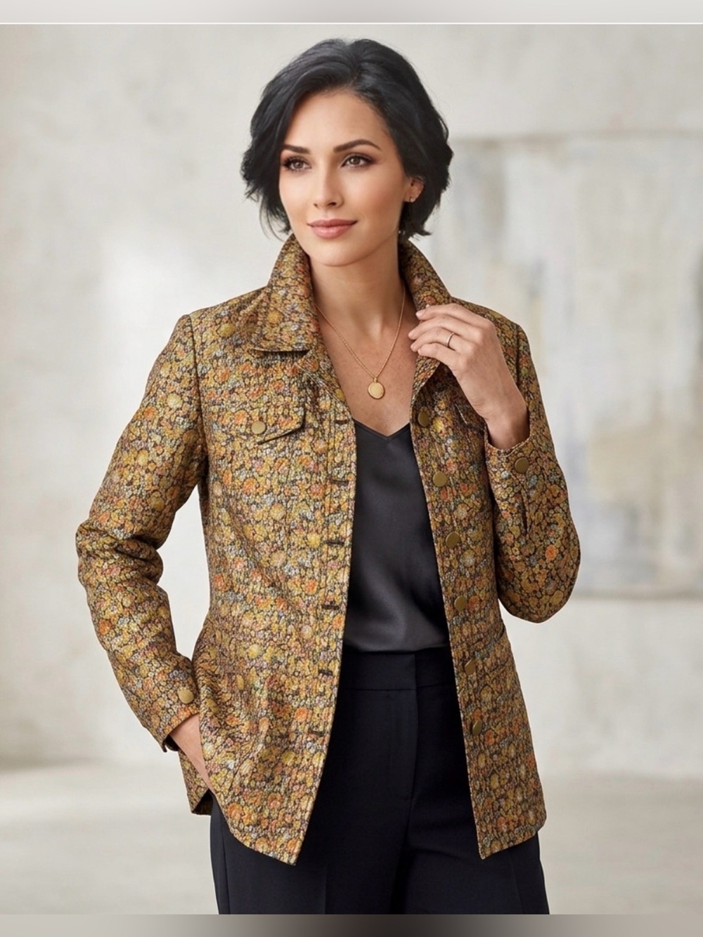 Coldwater Creek Floral Jacket Sz L Chintz pattern gold chic flowers